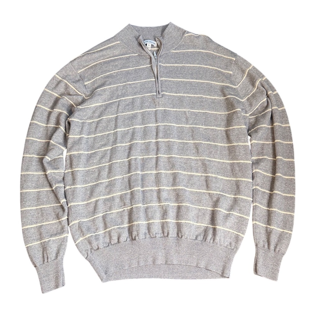 Peter Millar Mens Gray Striped Quarter Zip Merino Wool Linen Blend Sweater XL